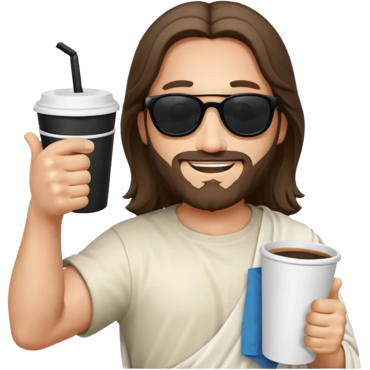 emoji di Gesù con occhiali da sole un pollice in su e in una mano un bicchiere di carta
 emoji