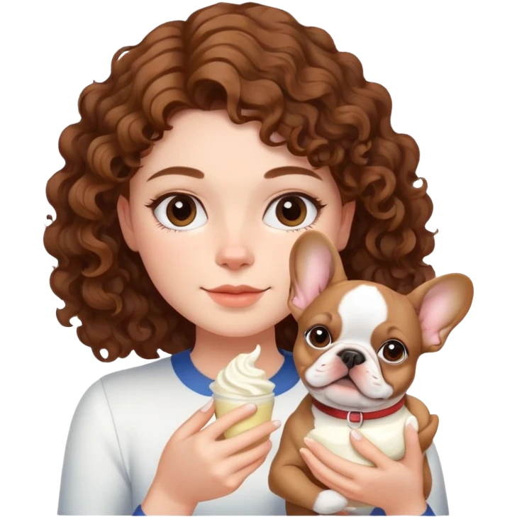  girl with brown curly hair holding cream colored french bulldog  emoji