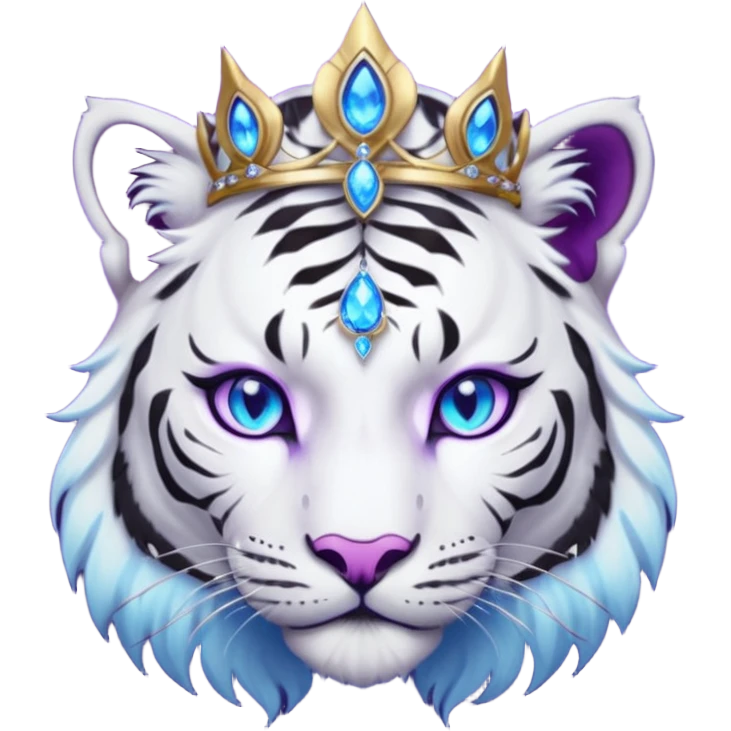 ESO Female white/black tiger khajiit leader of the umbral rose, glowing blue eyes, glowing blue 'third eye' gem; purple gem silver tiara emoji