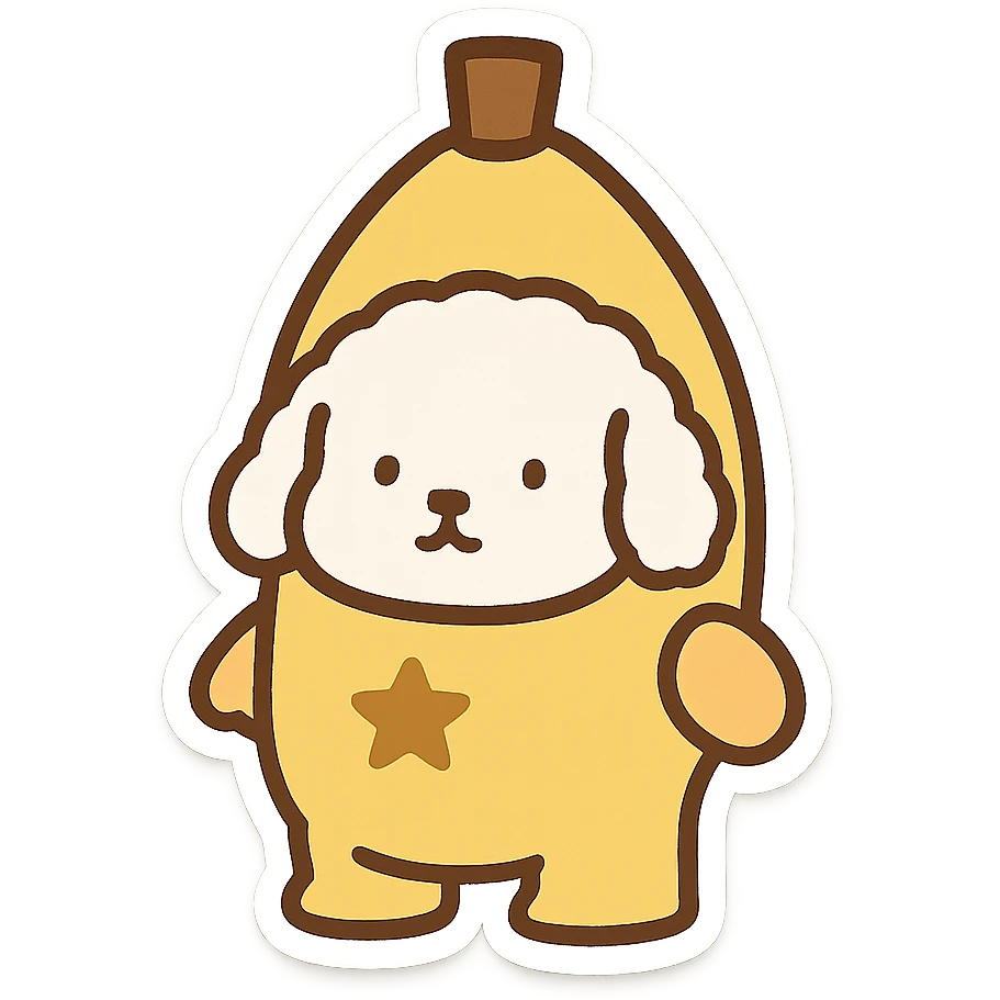 Transform the image into a WhatsApp sticker by removing the background and leaving only the dog dressed as a banana. Add a thick white border around the dog to create a prominent sticker effect, emphasizing the outline clearly. emoji