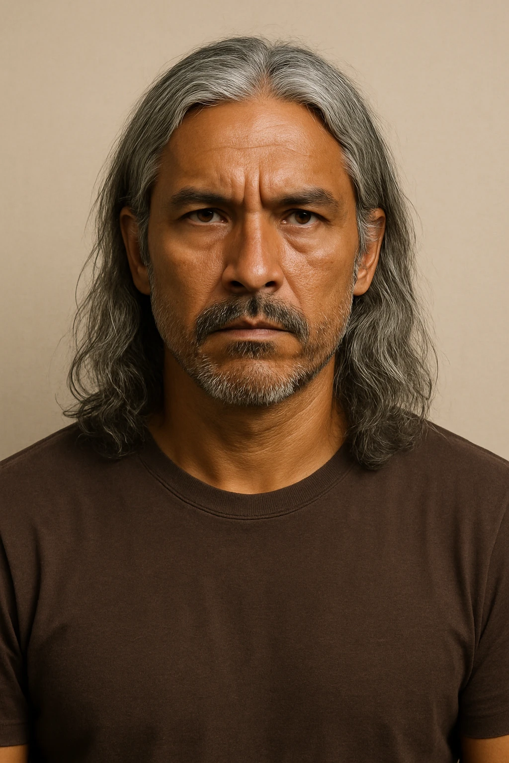 brown tanned man over 40 with long grey hair, serious expression, bust portrait, plain background emoji