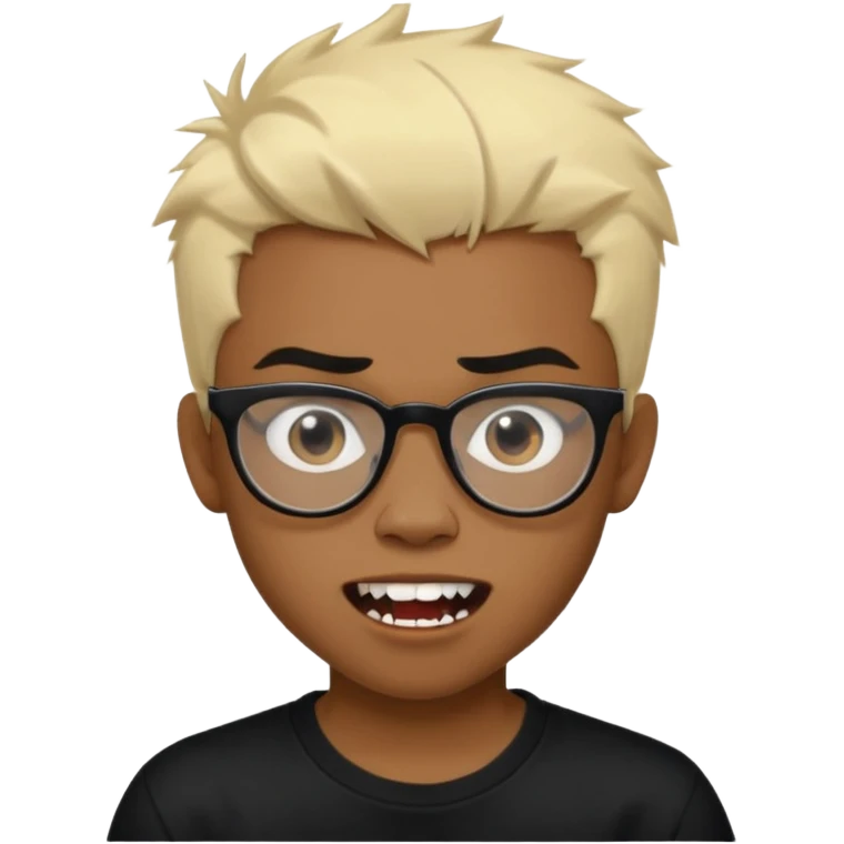 Black Male Teenager with Short punk messy blonde hair, Dark brown bushy eyebrows large expressive golden-brown eyes, wearing a plain white t-shirt, wearing thick black glasses, Dark Brown skin color. Showing off his vampire tooth emoji