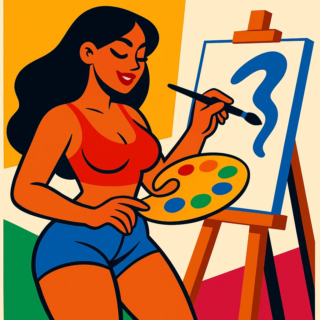 sexy tanned woman artist with long black hair, painting at an easel, holding a paint palette and brush, in vibrant toon style emoji