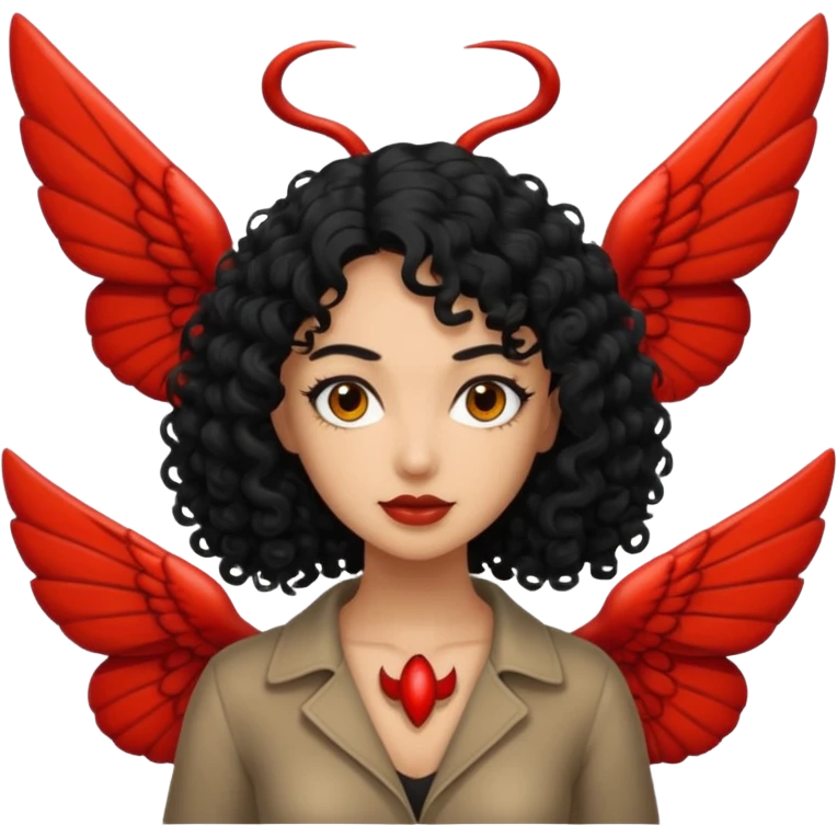A woman with a curly black hair meeting mothman emoji