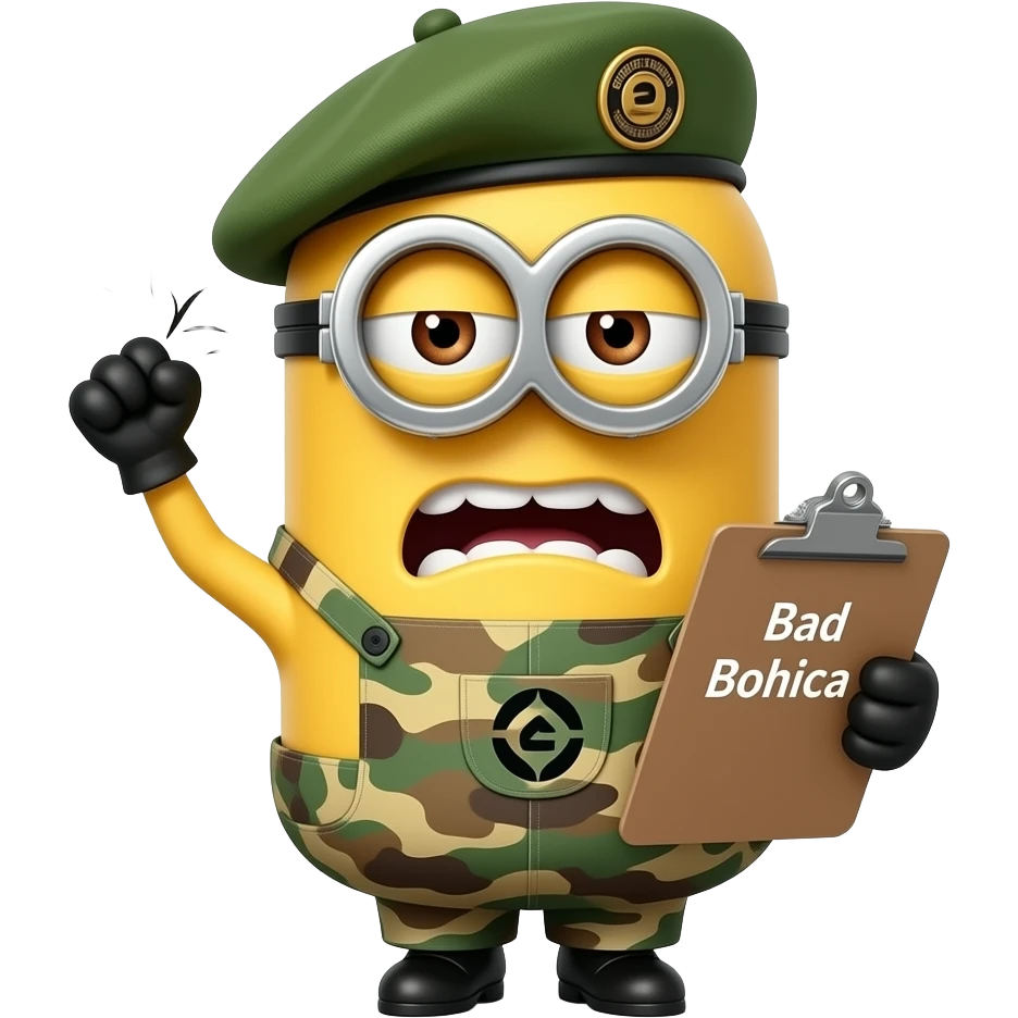 Minion in army uniform pulling hair out  text  Bad Bohica emoji