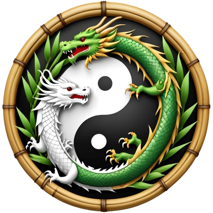 An icon symbolizing Eastern martial arts in the style of an emblem, with a black-and-white Yin-Yang symbol at the center. A dragon is placed on either side, representing strength and wisdom. The design includes bamboo and traditional elements. Transparent background emoji