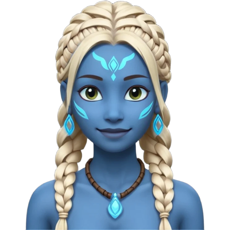 avatar-style Na’vi female portrait, head and shoulders only, blue skin, glowing bioluminescent markings, long braided hair, subtle tribal jewelry, confident smile, 3D cartoon, mobile game icon style, clean background, no text, no watermark
 emoji