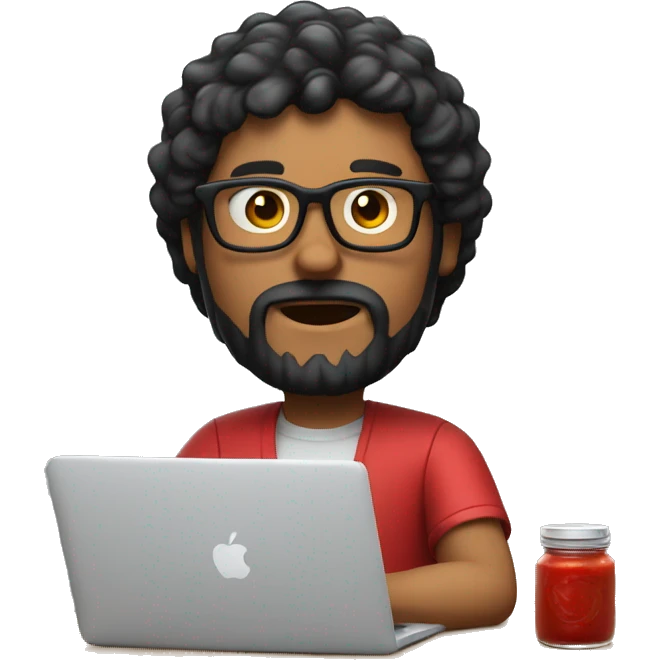 Designer with black hair, beard and glasses working with MacBook and ketchup emoji