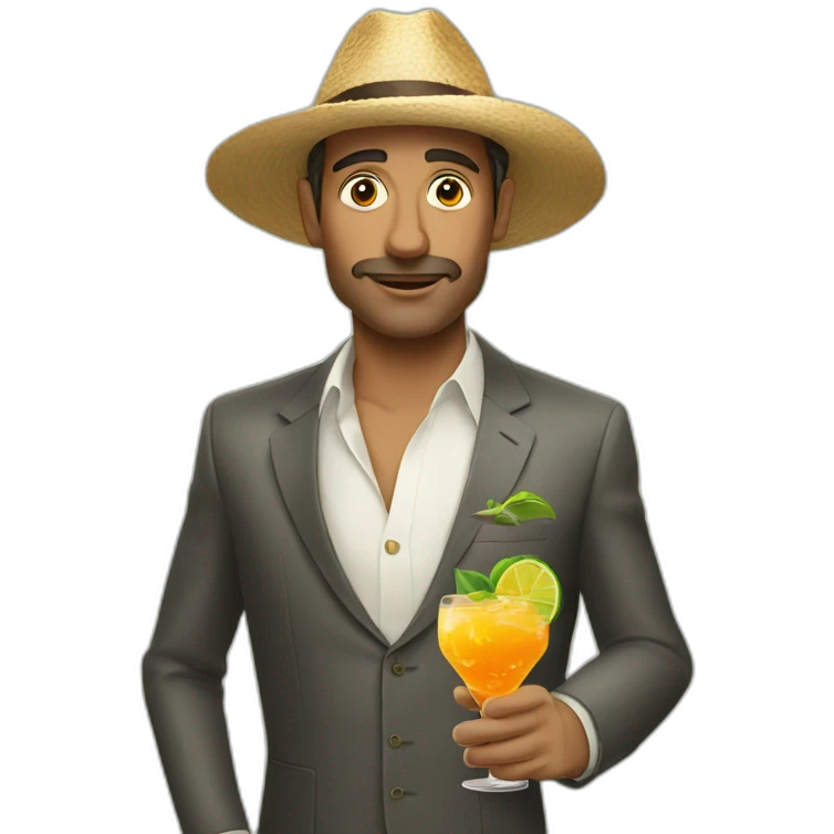 A man elegant, crazy, desert island drinking cocktails emoji