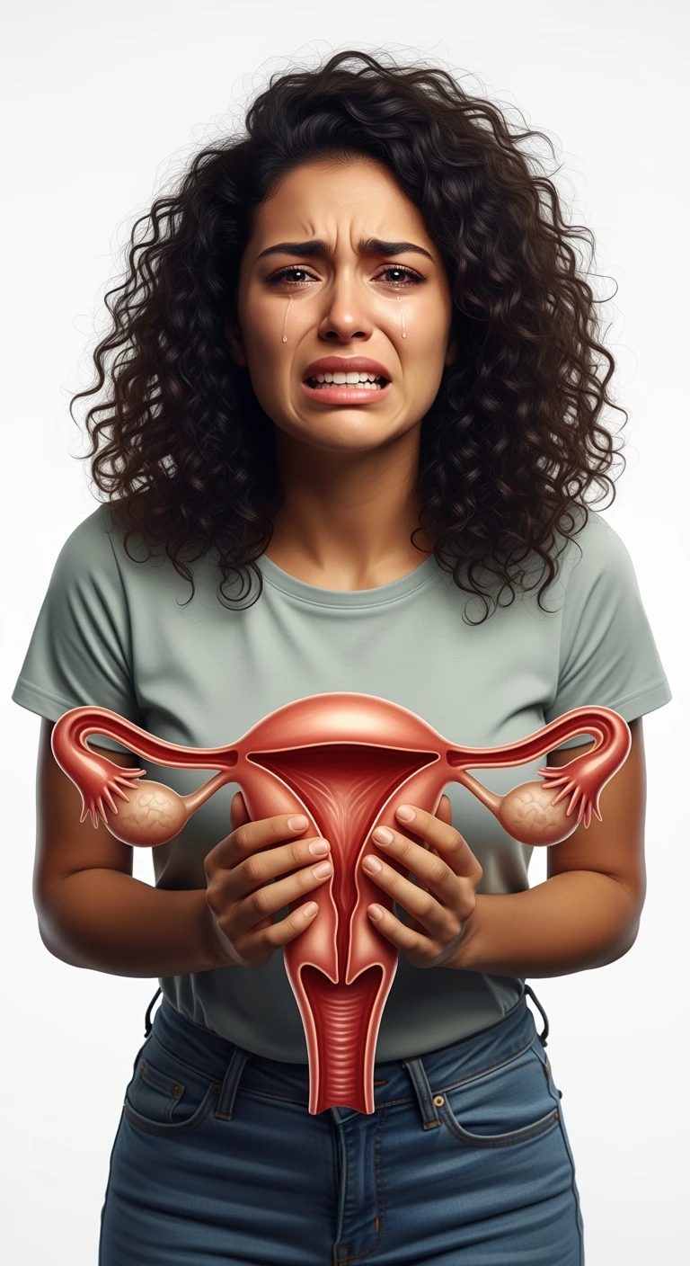 donna vestita casual realistico con utero umano anatomico in evidenza, dolore in volto, IPERREALISTICO 4K, sfondo bianco emoji