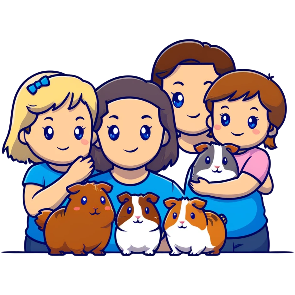 Family portrait with father with dark brown hair and blue eyes, mother with light brown hair and blue eyes, three blonde little girls with blue eyes, plus a grey cat and two guinea pigs emoji