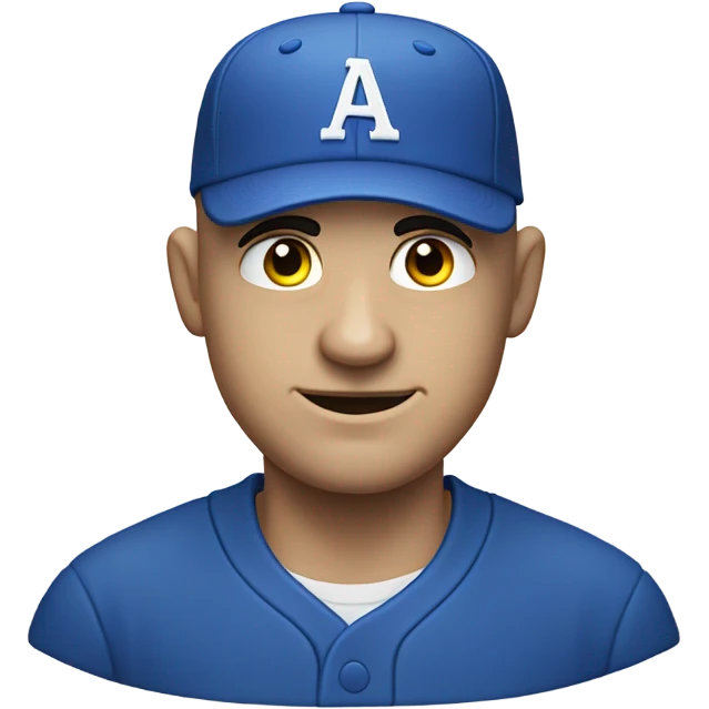 White bald man, giving an evil smirk in a blue baseball hat cocked up into the side emoji
