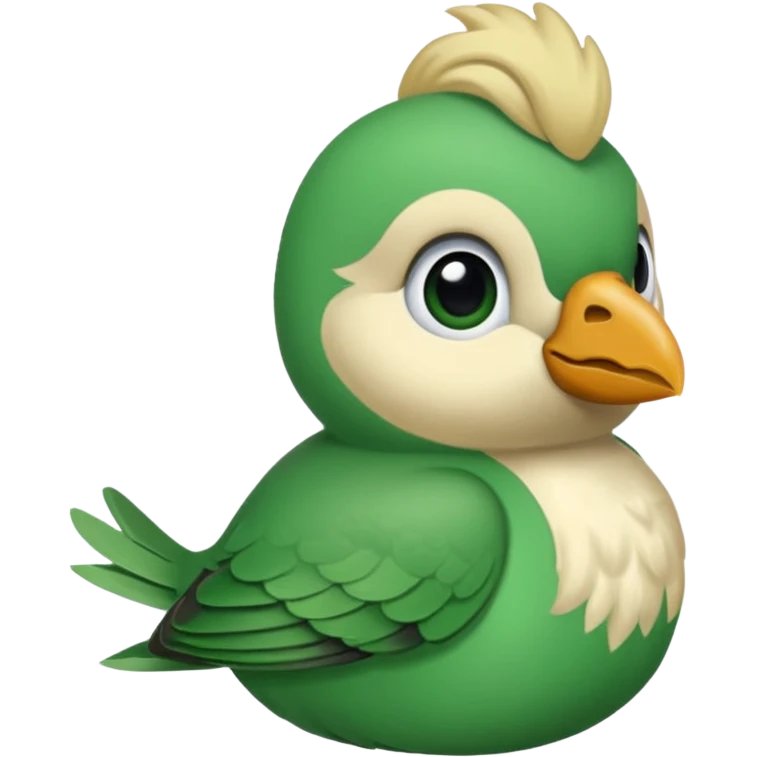 un oiseau classique de profil tout vert même sa tête  et un seul poil blond qui fait une petite bouclette sur le front avec le collier argenté avec des ronds attachés au collier est autour du coup de l’oiseau entre la tête et le corps emoji