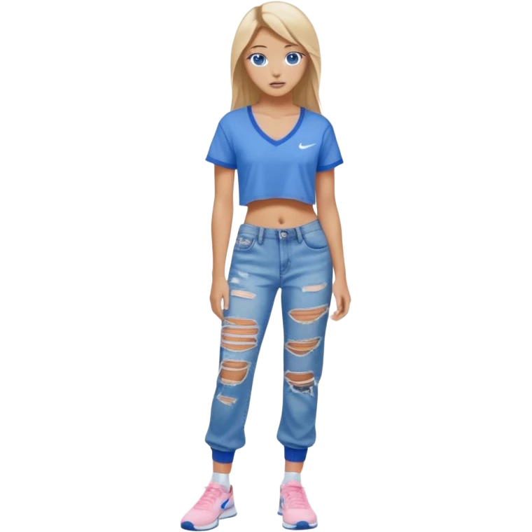 preppy teenage girl, blue eyes, tan, less blonde highlights, brown long hair, wearing ripped blue very long and very baggy jeans with a light pink sexy revealing very low neck crop top, wearing Nike shoes with Nike socks, very sexy, really really long eyelashes, very pretty emoji
