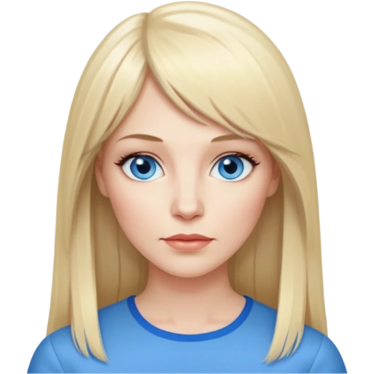 40 yr old white woman, pale skin, long straight blond hair parted in center, blue eyes, bangs emoji