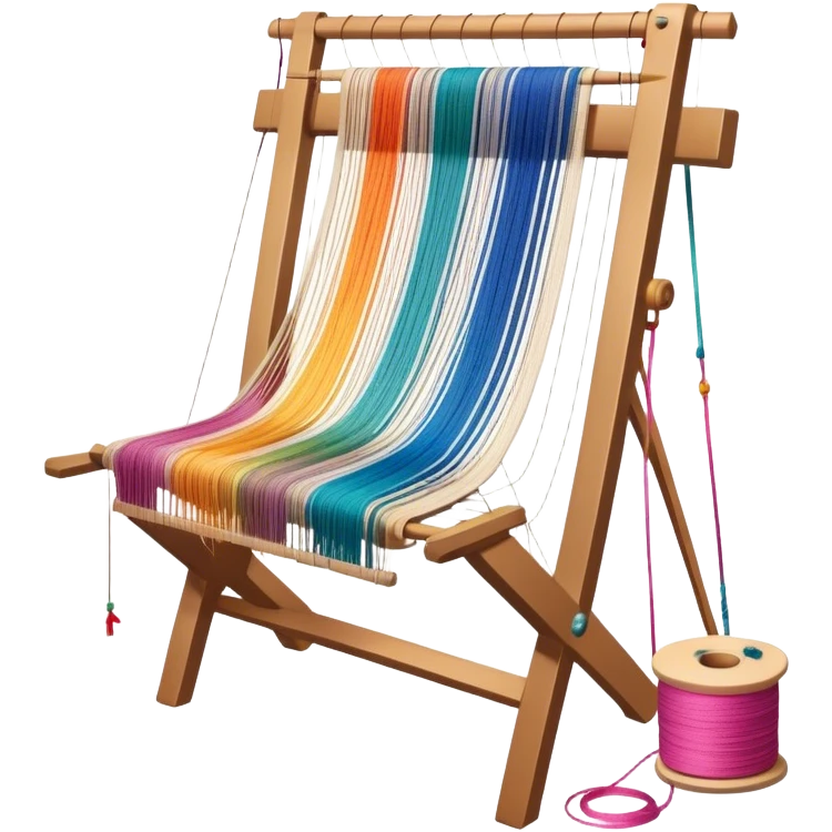 Create an icon that represents the hobby of weaving. The design should include a loom, threads, and a partially woven fabric, along with a piece of colorful fabric and sewing patterns. Include a representation of finished clothing, like a simple shirt or dress, made from the woven fabric. The composition should feel balanced and harmonious, reflecting the creative and intricate process of weaving and sewing. The background should be transparent. emoji