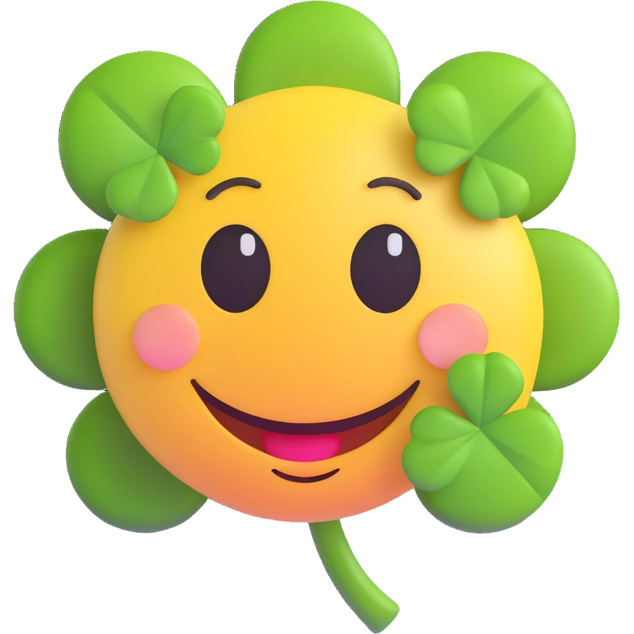 3D smiley emoji, round shape, four-leaf clover, lucky face emoji