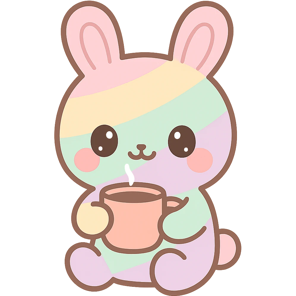 cute rainbow-colored female cartoon bunny with stitched details, drinking coffee, charming and playful style emoji