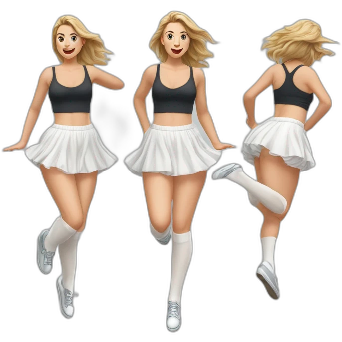 Hyperrealistic Full body Caucasian curvy beauty jumping short white skirt back and front views strong wind knickers long white socks emoji