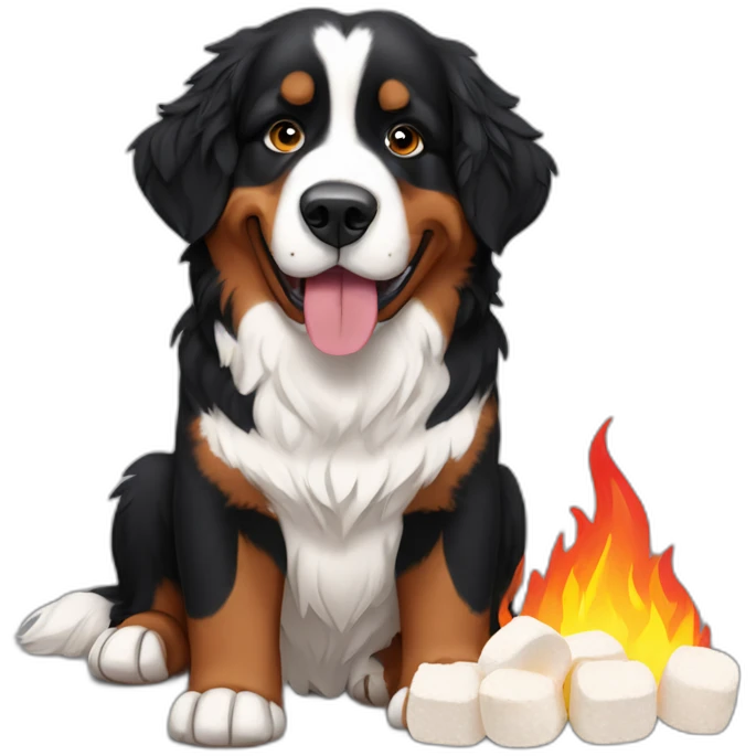 bernese mountain dog eating marshmallows on fire emoji