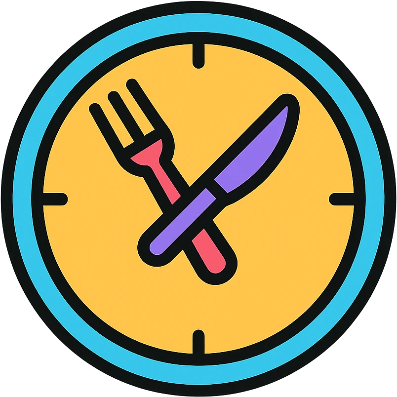 meal time icon, clock with utensils as hands, flat color, modern icon style emoji