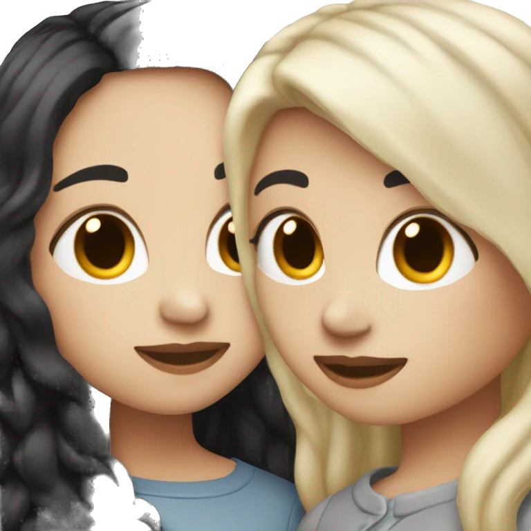 A lesbian couple who both have white skin and long black hair are in love emoji