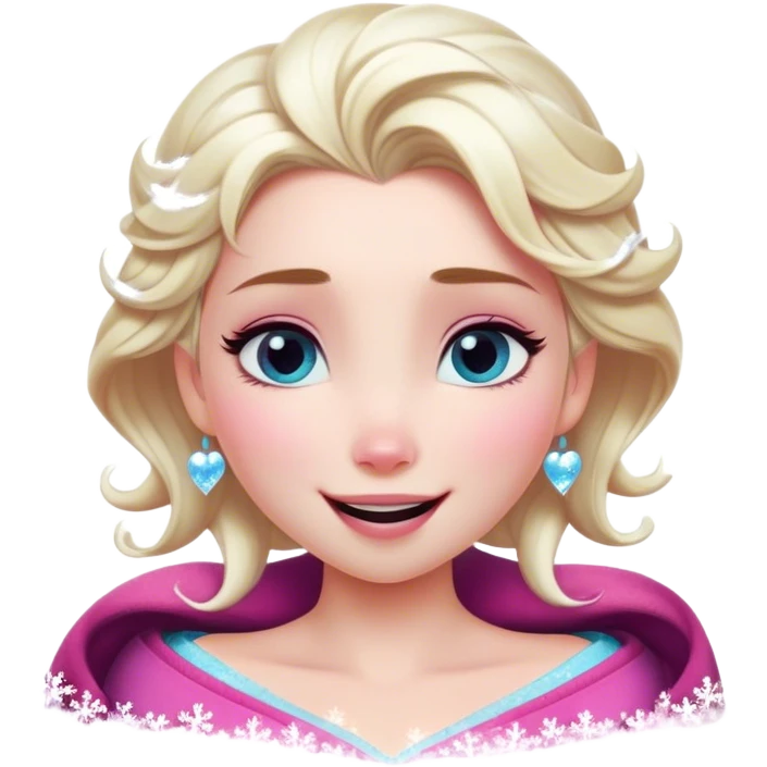 Cinematic Adorable Elsa Portrait Emoji, Giggling as tiny snowflakes swirl around her, cheeks flushed pink from the cold, eyes twinkling with warmth, a heart-melting mix of beauty and playfulness! emoji