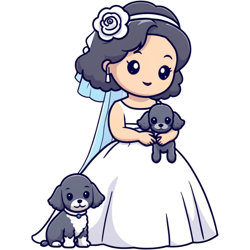 A beautiful girl with long black hair in a wedding dress holds a small gray poodle emoji