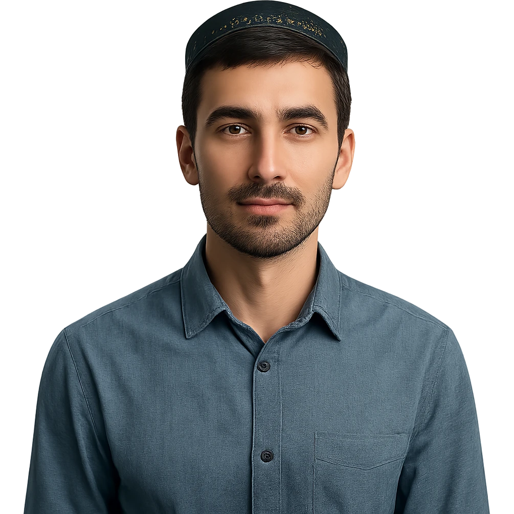 A Tajik man with a slender build, oval face, broad forehead, straight nose, expressive brown eyes, thick eyebrows, dark straight hair, and warm-toned skin, neatly kept facial hair emoji