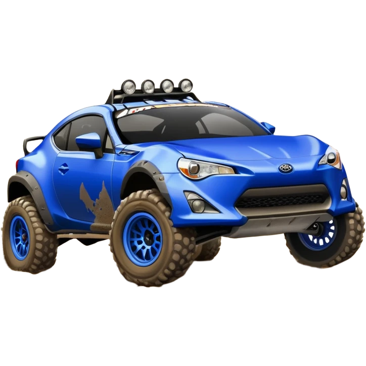 Dirty raced jacked 2013 scion fr-s ultramarine off road 4wd monster Baja dessert stadium rock racer number 86 with long travel suspension, shiny silver wheels, exaggerated wide black fender flares  emoji