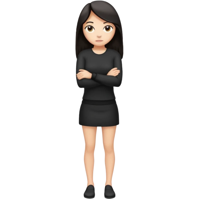 Cartoon emoji of a woman with long, loose dark hair, wearing simple black clothes. Full-height, standing nervously with hunched shoulders, head slightly down, arms close or crossed, legs together, eyes looking away. Smooth, simple, stylized. emoji