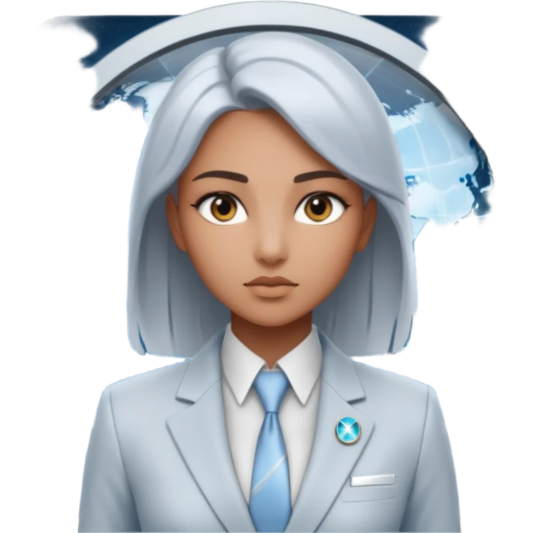 Artemis, A sleek female avatar with a focused, forensic gaze, wearing a minimalist white and silver tailored suit accented with moonlight blue. She is analyzing a transparent holographic interface displaying complex global sovereign credit data. emoji