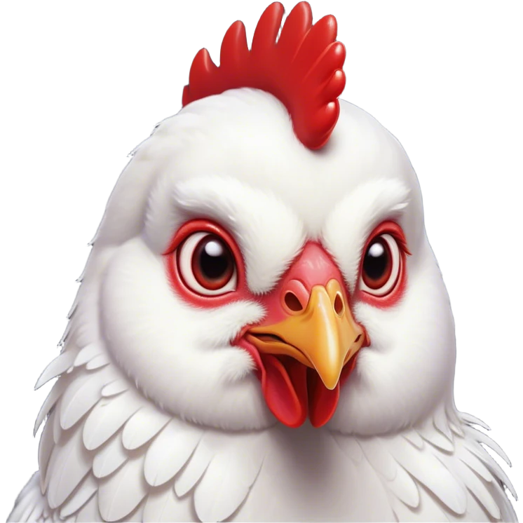Cinematic Cute White Chicken Portrait Emoji, Head tilted playfully and inquisitively, featuring smooth, immaculate white feathers and a delicate red comb, round, sparkling beady eyes filled with curiosity, Simplified yet irresistibly adorable features, highly detailed, glowing with a warm, friendly glow, high shine, affectionate and lively, stylized with a touch of farmyard whimsy, bright and endearing, soft glowing outline, capturing the essence of a mischievous yet loving chicken, so playful it feels like it could peck out of the screen and into your arms! emoji
