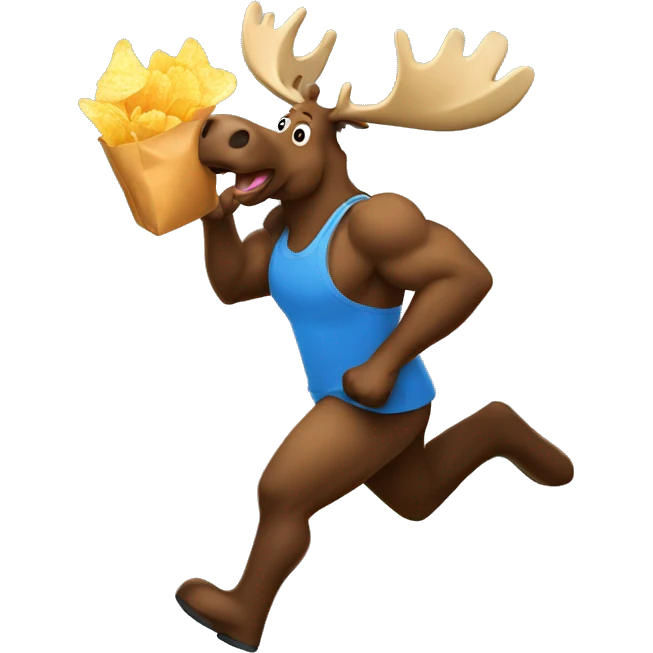 A moose running with a bottle of pop and a bag of potato chips  emoji