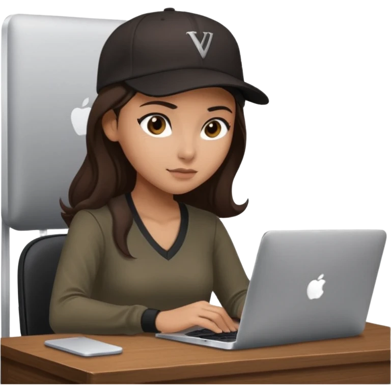 A professional 3D avatar of a young woman with olive skin and long, dark brown hair, wearing a dark, long-sleeved V-neck brown shirt and a black baseball cap. She's sitting at a sleek wooden desk, typing and looking at a silver MacBook.  emoji