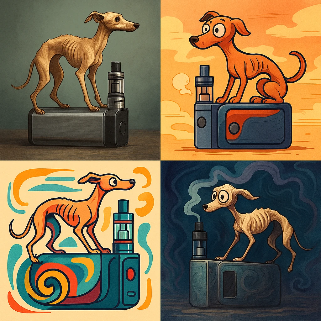 thin dog with visible ribs riding on a vape device, diverse artistic styles emoji