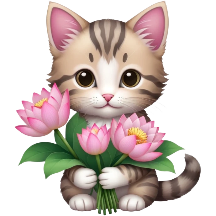 Kitten holding a bouquet of lotus flowers emoji