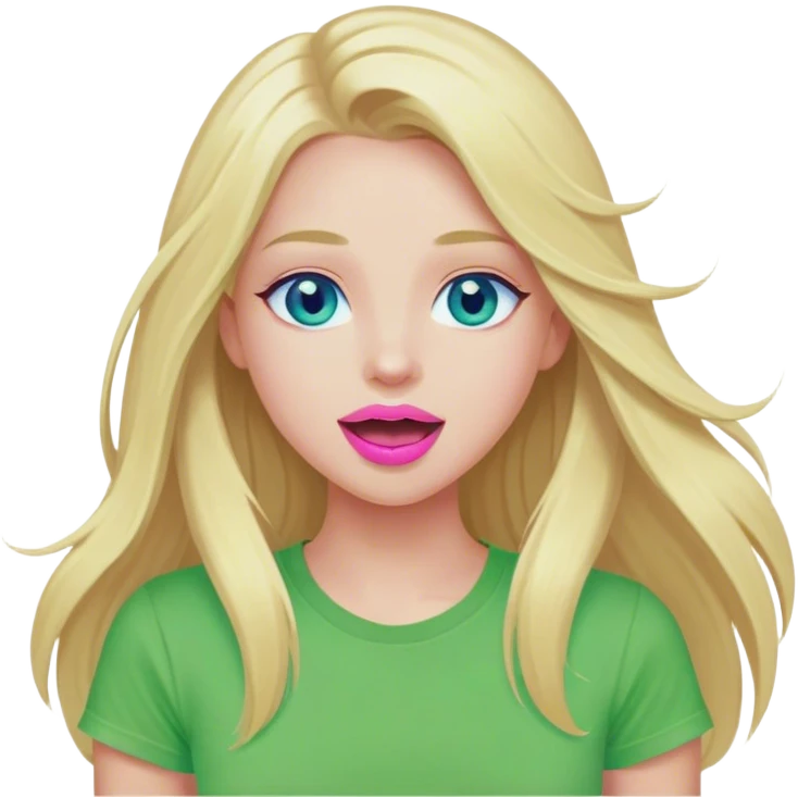 Cinematic realistic blonde with long hair, blue eyes and pink lips, dressed in a green T-shirt, rejoices emoji