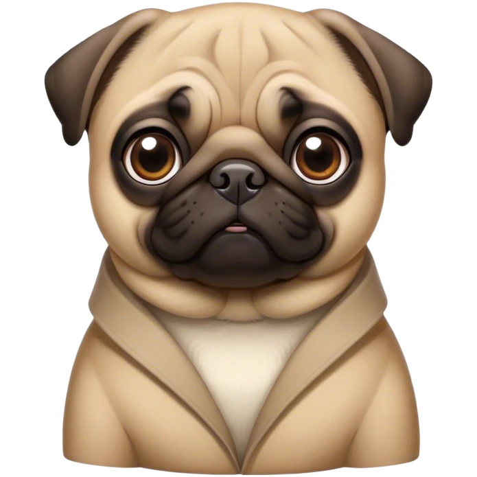 Cinematic Noble Fawn Pug Portrait Emoji, Poised and regal, with a compact, sturdy build and a sleek, well-groomed fawn coat, deep-set soulful dark eyes, Simplified yet sharp and sophisticated features, highly detailed, glowing with a soft, dignified glow, high shine, intelligent and spirited, stylized with an air of confidence, focused and attentive, soft glowing outline, capturing the essence of a watchful and commanding companion, so majestic it feels as though it could prance out of the screen with effortless authority! emoji