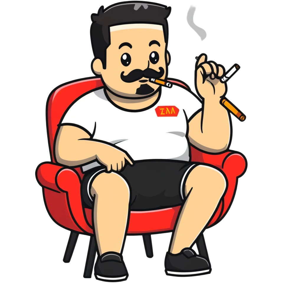 Heavy-set man leaning back in chair with legs spread, smoking cigarette, exposed belly, round face, short black hair, well-groomed beard with mustache, black t-shirt with light stripes on top portion, sleeves rolled up, black shorts, arms decorated with black graphic tattoo patterns on forearms and shoulders emoji