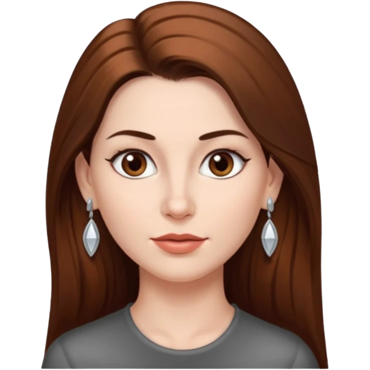 Head without neck of a 35-year-old woman, white skin, long brown hair combed to the right side and small silver earrings, small lips and pointed nose, brown eyes. emoji