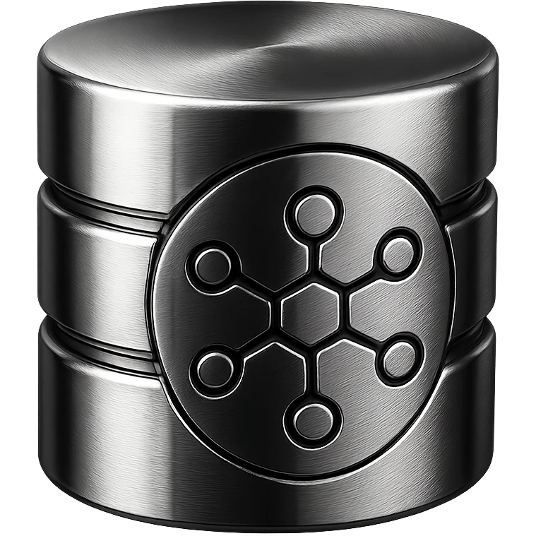 chrome database cylinder with glowing network nodes, symbolizing high-performance scalable databases, sleek and modern emoji