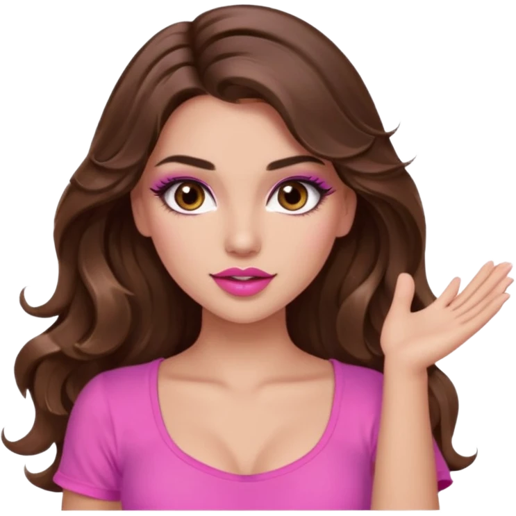 girl with long wavy brown hair, brown eyes, long lashes makeup, sexy pink lips, light to medium complexion, pink sexy top,slapping emoji
