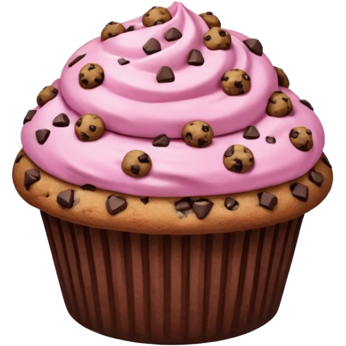 A pink muffin with chocolate chips and chocolate chip cookie topping emoji