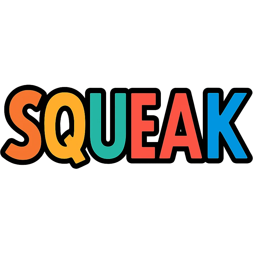 the word 'squeak' in a colorful icon style with black outlines and vibrant colors emoji