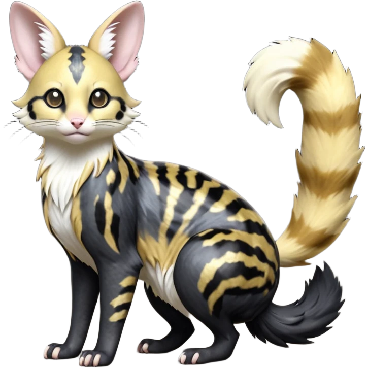 Hyper realistic  obsidian fur etched with molten gold fault-lines and dark mirror shine beautiful elegant pretty precious cute  Fakémon-Pokémon-opossum-feline-serval-caracal-chinchilla-Furret-Minccino-hybrid-creature with a big fluffy bushy tail (full body) emoji