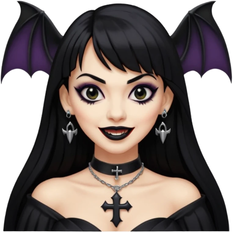 vampira com cabelo preto longo e liso e franja, olhos pretos, brincos em formato de cruz, choker em formato de morcego, roupa preta com decote, batom preto e sorrindo mostrando as presas emoji