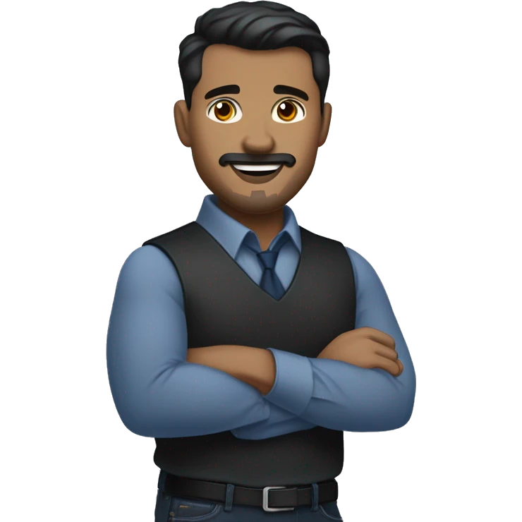  emoji of a man with short dark hair, clean-shaven, goatee and mustache.  wearing a formal button-up dark blue shirt, black pants, and a belt. smiling  with a smartwatch on his wrist.  resemble professional attire. smaller eyes  emoji