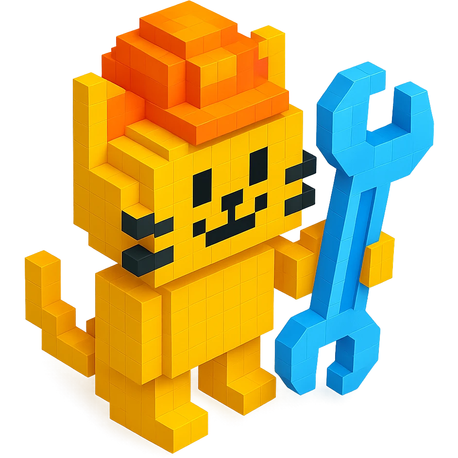 worker cat with orange construction hat holding a wrench in voxel style emoji
