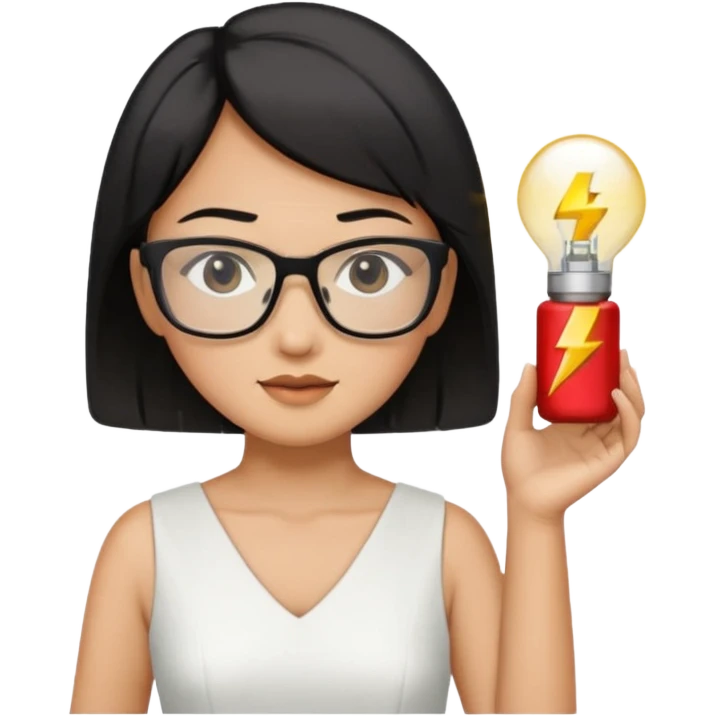 asian teacher with a white dress holding a flash with retangle glasses and black short hand  emoji